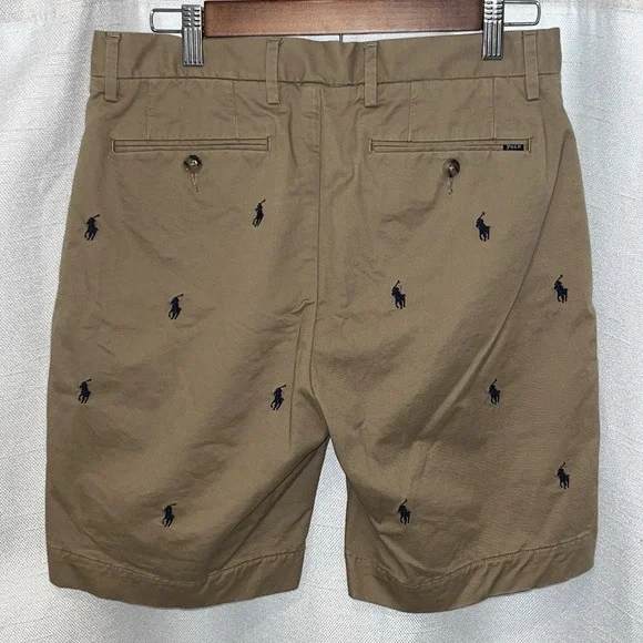Polo Ralph Lauren Shorts Mens 29 Beige Tan Chino Cotton Twill All Over Pony Logo - Picture 2 of 11